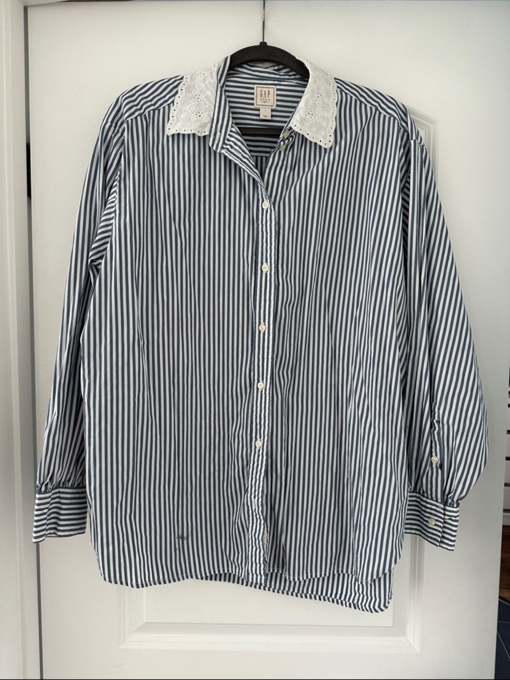 GAP Navy & White Vertical Stripe Eyelet Collar Shirt with small stain on front